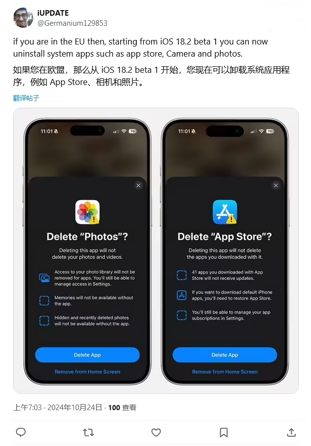 日土苹果手机维修分享iOS 18.2 支持删除 App Store 应用商店 